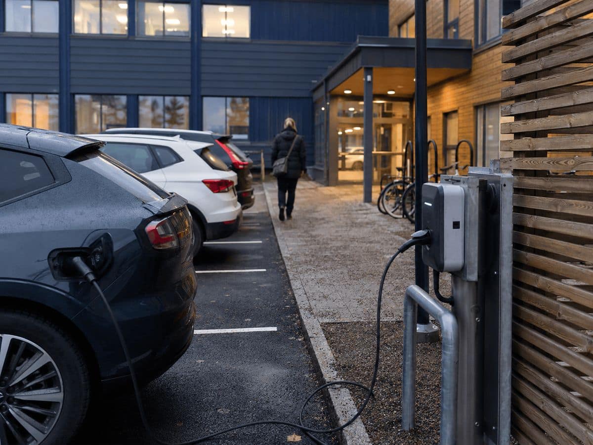 Elbilar som laddas vid laddstolpar på en arbetsplatsparkering