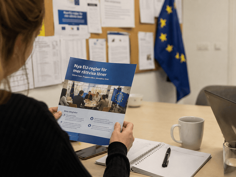 Person läser dokument med EU-flagga i bakgrunden