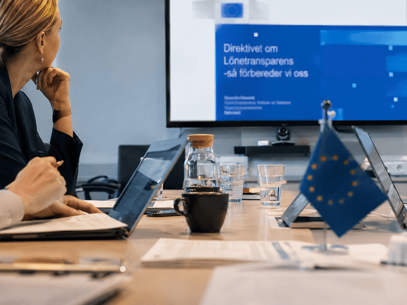 Möte framför presentationsskärm med EU-flagga