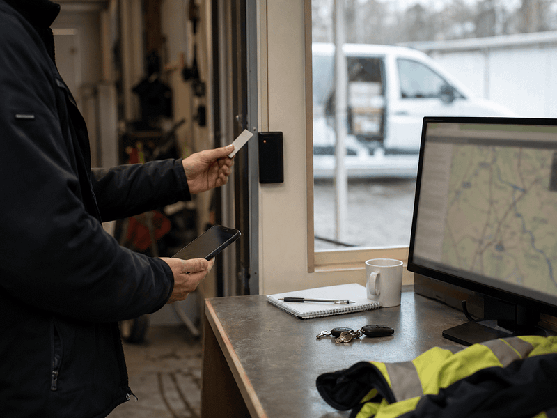 Anställd visar passerkort vid datorarbetsplats
